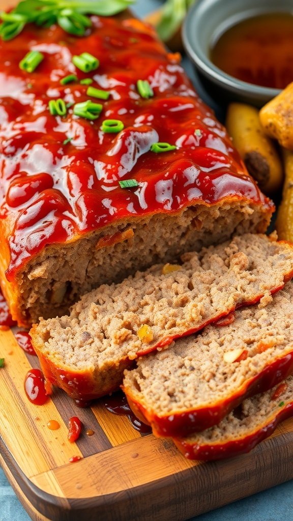 A sliced meatloaf made of beef, pork, and bacon on a wooden board with roasted vegetables.